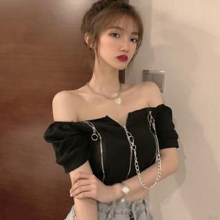 Áo Thun Nữ Ngắn Tay Cổ Vuông Có Khóa Kéo Quyến Rũ