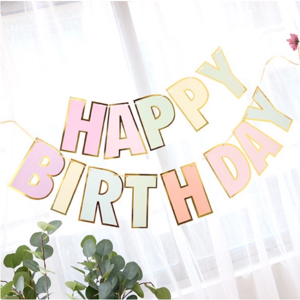 Dây chữ Happy Birthday ép kim viền vàng phụ kiện trang trí sinh nhật phong cách pastel