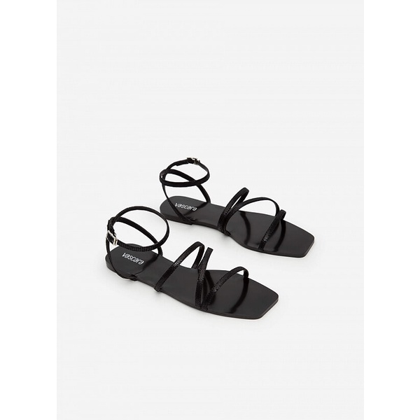 Vascara Giày Sandal Ankle Đế Bệt Mũi Vuông Vân Da Kỳ Đà - SDK 0317 - Màu Đen