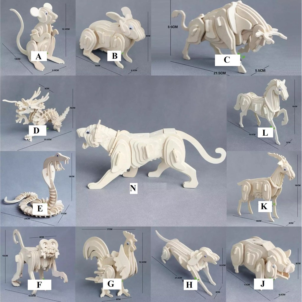 1504 Ghép gỗ 12 con giáp 3D nhiều mẫu Cow Dragon Snake Dog Goat Rabbit Horse Tiger