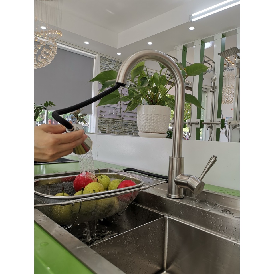 Vòi rửa bát nóng lạnh Inox SUS304 rút dây 2 chế độ, vòi rửa chén bát xịt nước nóng lạnh xoay 360 độ cao cấp