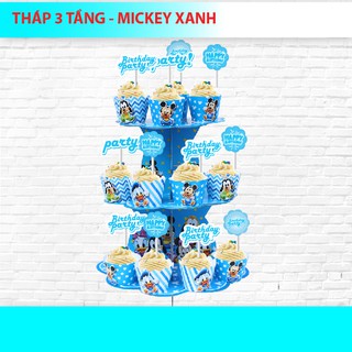Tháp 3 tầng để bánh cupcake mickey xanh