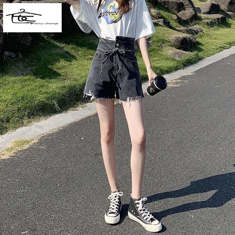 Quần Short Denim Lưng Cao Ống Rộng Phong Cách Nhật Bản Thời Trang Mùa Hè Hàng Mới