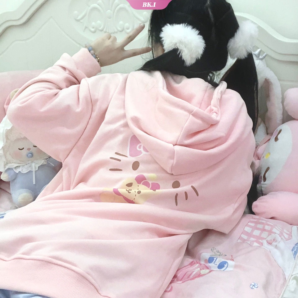 Sanrios Áo Khoác Hoodie Dáng Rộng Mềm Mại In Hình Mèo Hello Kitty Cinnamoroll Kiểu Nhật Bản Thời Trang Thu Đông Cho Nữ Sinh