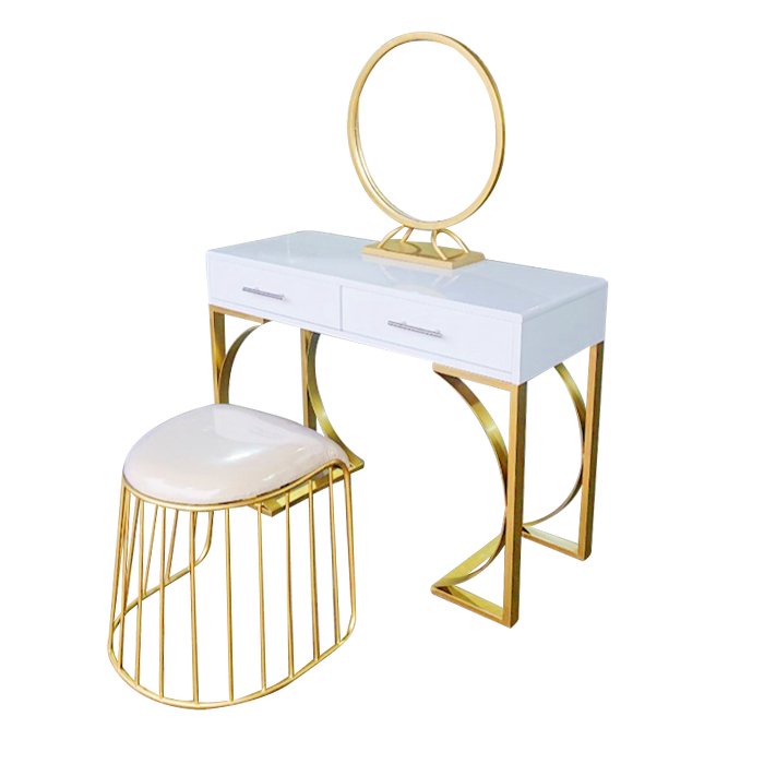 Bộ bàn trang điểm phòng ngủ 2 ngăn kéo IBIE Sofia ghế Dome có gương tròn, mặt gỗ MDF sơn PU, chân sắt sơn tĩnh điện