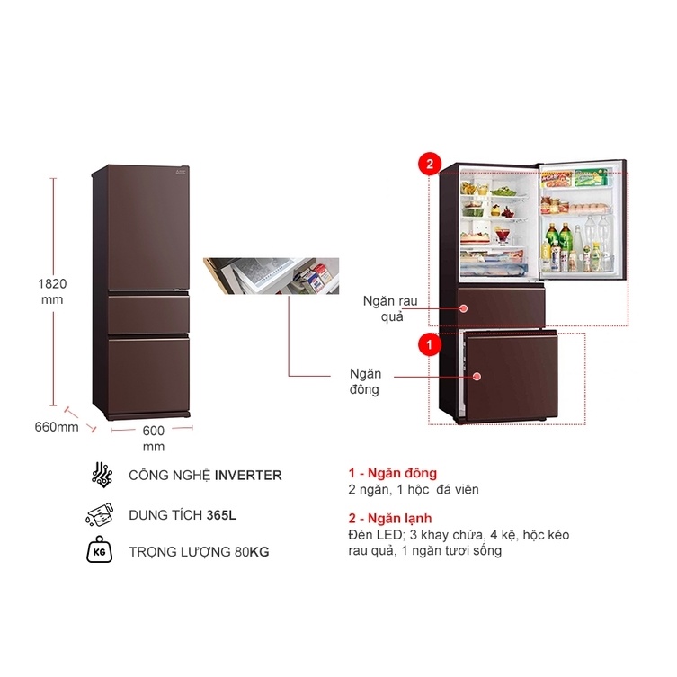 Tủ lạnh Mitsubishi Inverter 365 lít MR-CGX46EN-GBR-V - Mặt gương, Làm đá tự động, Miễn phí giao hàng HCM.