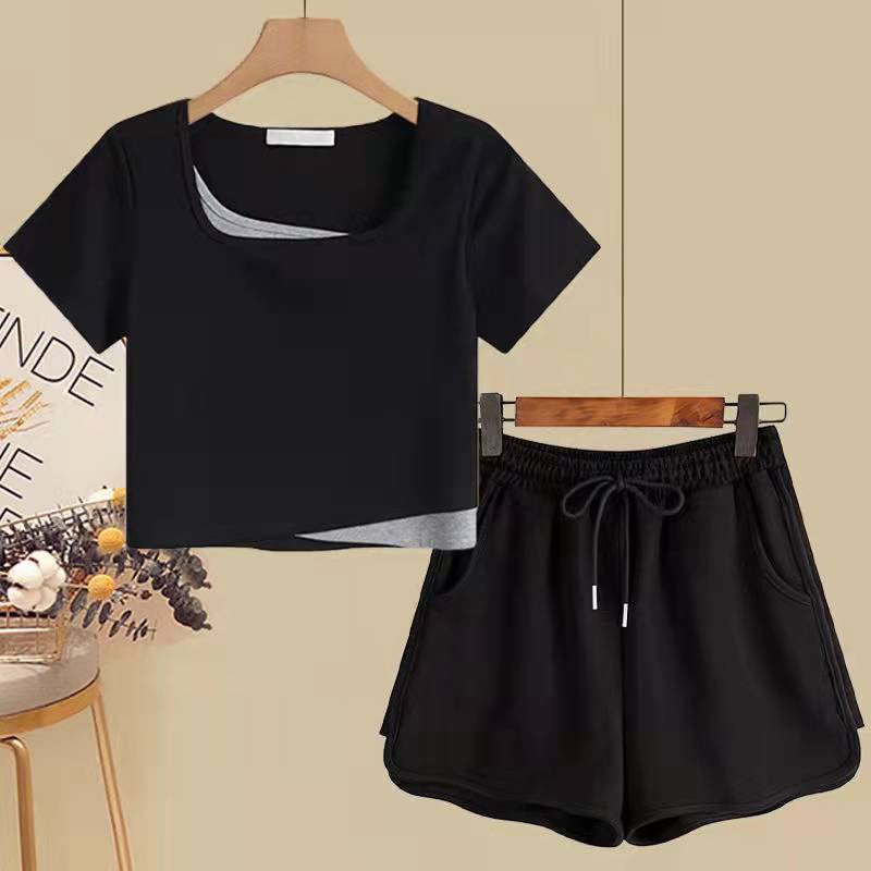 Single / suit contains cotton fake two-piece short-sleeved T-shirt women's summer new leisure sports shorts women's outer wear fashion two-piece suit