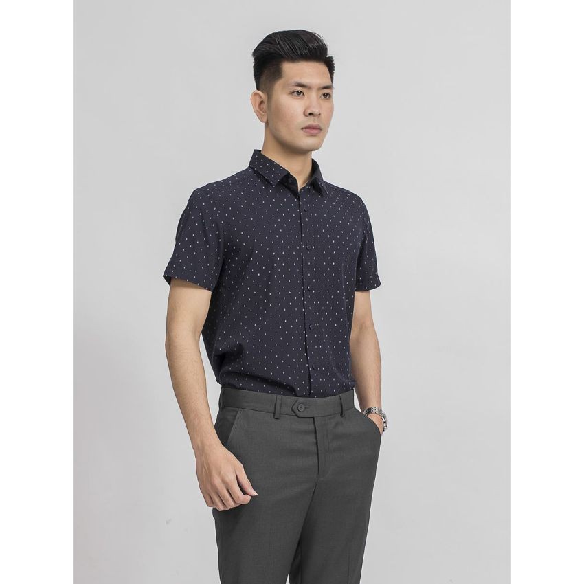 Áo sơ mi ngắn tay Aristino ASS035S9 màu xanh tím than in lá, chất Bamboo, Slimfit