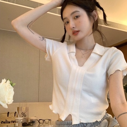 【ZHELIHANGFEI】Áo Thun POLO Dệt Kim Ngắn Tay Hở Eo Quyến Rũ