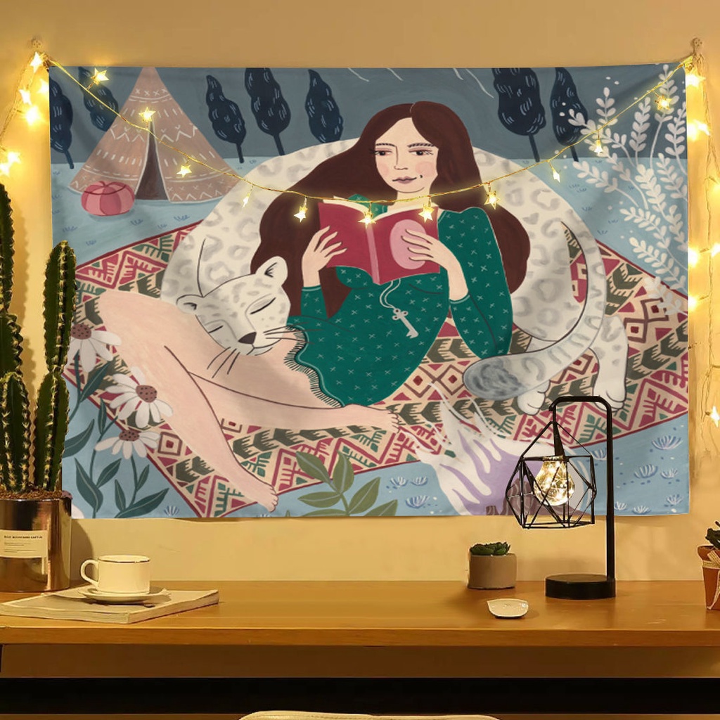 Nordic-Styleins Tiger Girl Fresh Illustration Bedroom Decoration Cloth Tapestry Background Cloth Mural