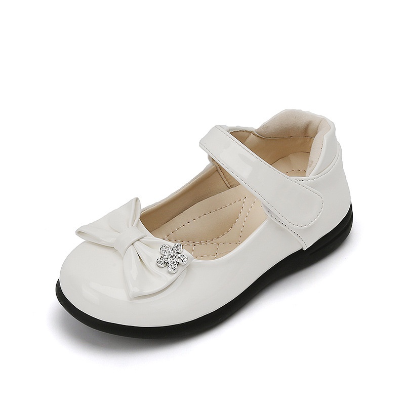 Giày Búp Bê Mary Jane 2022 Đế Phẳng Màu Đen Bóng Đính Đá Có Móc & Vòng Hoa Thời Trang Cho Bé Gái