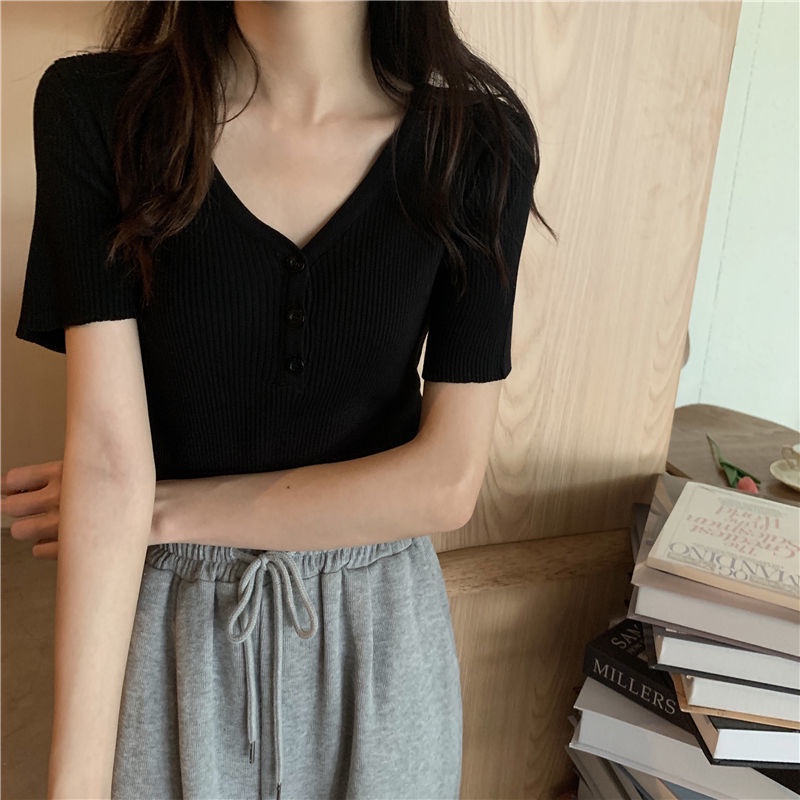Áo Dệt Kim Tay Ngắn Cổ Chữ v Dáng Ôm Thời Trang Mùa Hè Phong Cách Hàn Quốc 2022 Cho Nữ