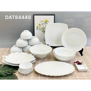 Bộ bát đĩa men trắng ngọc. Gốm sứ Bát Tràng.
