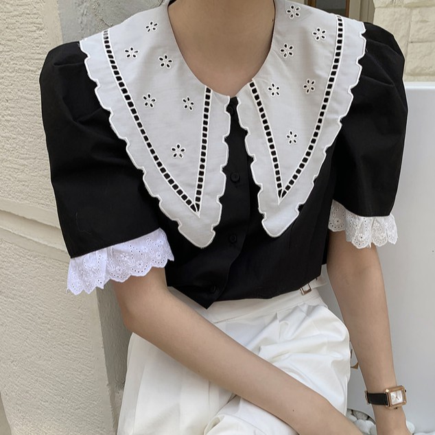 Áo kiểu Peppermint 36062 tay ngắn cổ búp bê phối màu xinh xắn dành cho nữ tùy chọn màu sắc