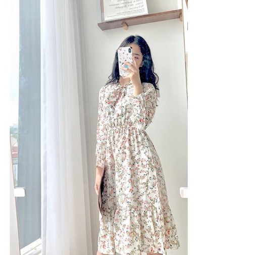 Váy hoa nhí dài tay thắt nơ - Váy vintage - Đầm thu đông - Xưởng May Hạnh Hồng | BigBuy360 - bigbuy360.vn