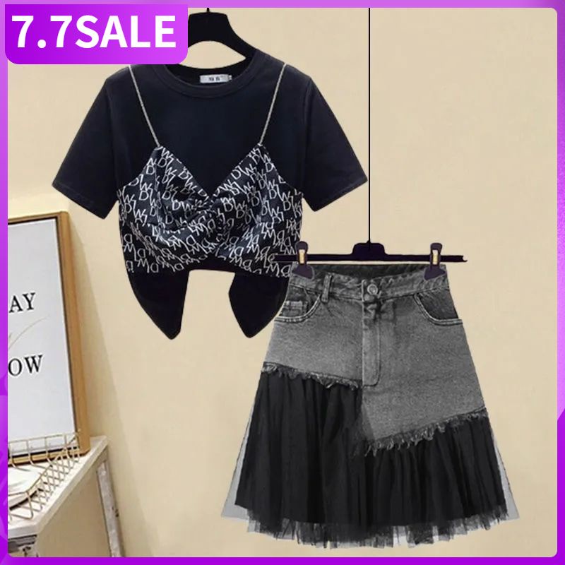 Set áo ngắn tay kèm yếm dây và chân váy denim lưng cao thời trang mùa hè cho nữ