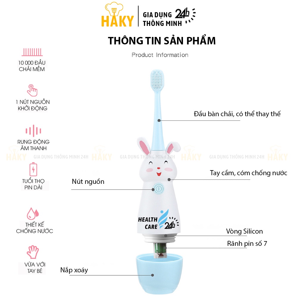 Bàn chải điện tự động đánh răng cho bé trai bé gái từ 2 tuổi hình thỏ cute HAKY021, nhựa ABS cao cấp tặng kèm 2 đầu thay
