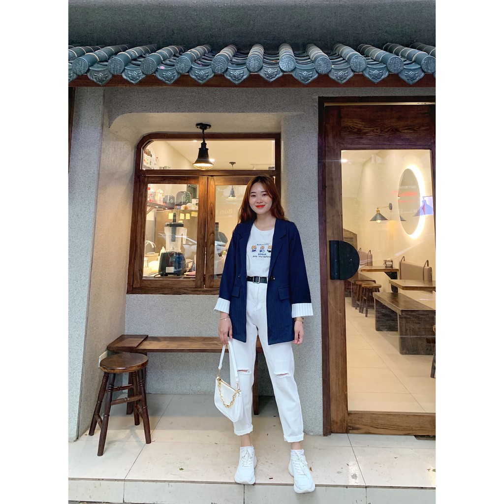Aó blazer tay phối kẻ