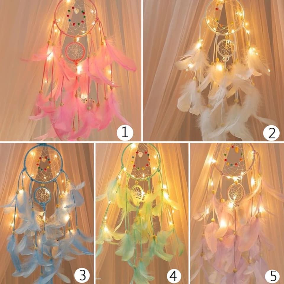 Dreamcatcher Đính Lông Vũ Trang Trí Vintage ( Có Đèn Led Phát Sáng)- Chọn Màu