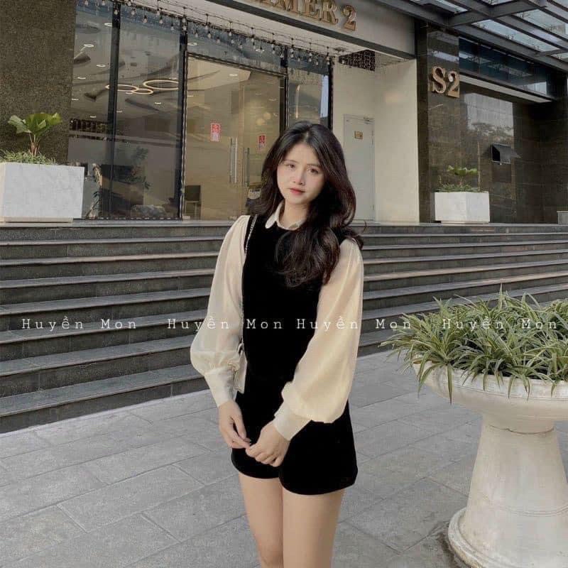 SET nhung 3 món gồm áo gile ngung, quần nhung và áo sơ mi tơ siêu sịn