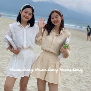 Set sơ mi dài tay kèm quần short, set linen ba màu có khóa kéo