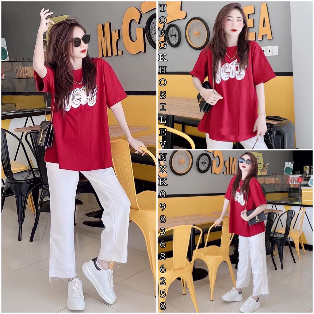 SET ÁO THUN TAY LỠ IN CHỮ JETS ĐỎ MIX QUẦN CULLOTE KAKI SUÔNG MÀU TRẮNG HOT HIT  Bộ Quần Áo Nữ JET