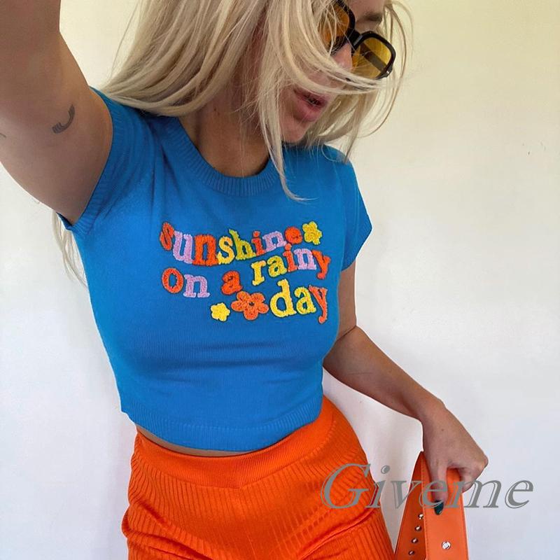 GIVEME-Women T-Shirt, Letter Flower Patterns Crew Neck Short Sleeve Knitted Crop Tops Summer Outfit, S/M/L