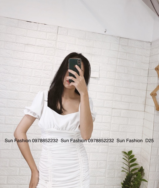 Đầm body cổ vuông rút dây tự chỉnh tay phồng bo thun vãi đũi Sun Fashion