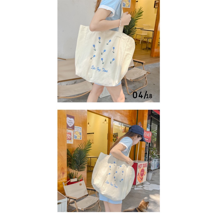 Túi tote vải canvas thêu hoa xanh dễ thương cao cấp phong cách hàn quốc MISATO TO1
