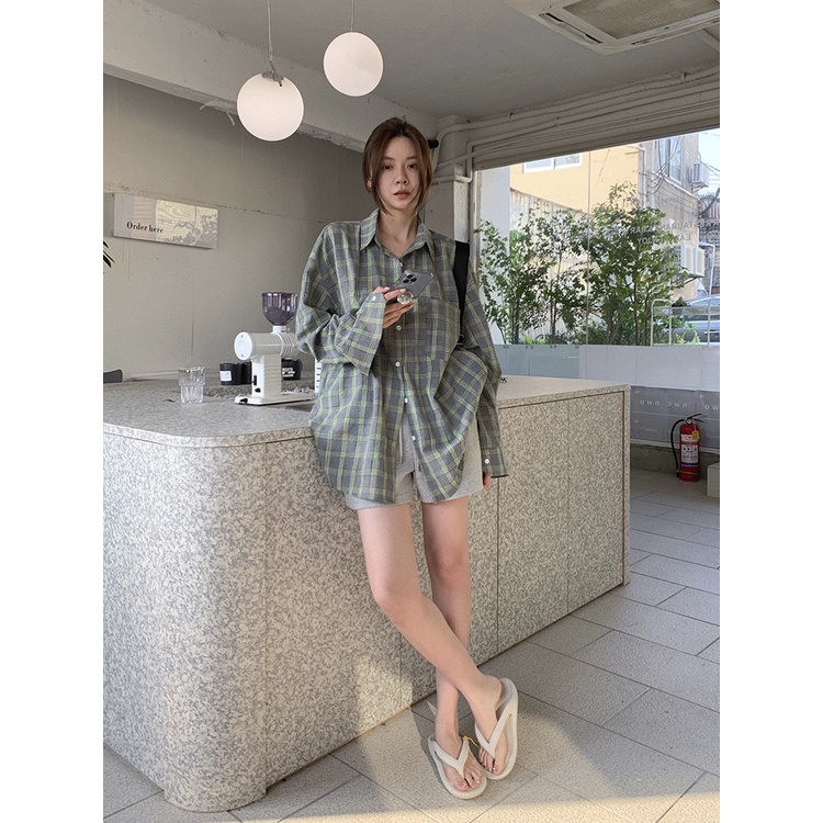 Áo Sơ Mi Nữ Ca Rô Dài Tay Cổ Bẻ Thời Trang Hàn