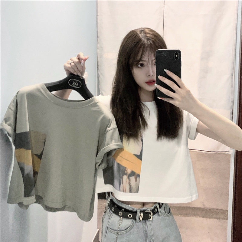 Áo Thun Croptop Cotton Nguyên Chất Tay Ngắn Dáng Rộng Thời Trang Hàn Quốc 2020 Cho Nữ