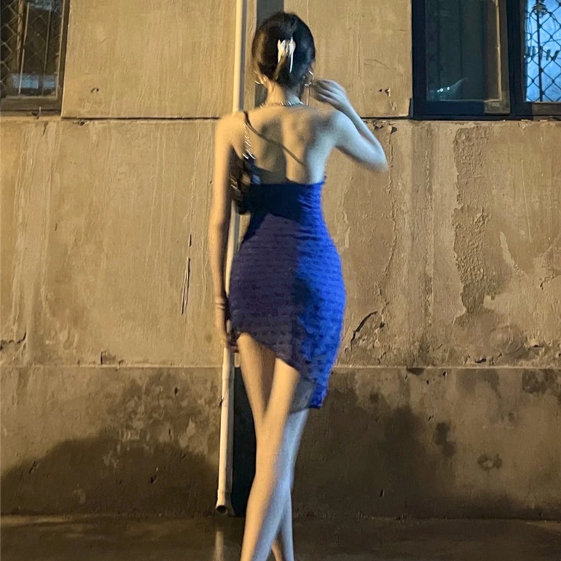 DUNEA Đầm hai dây thiết kế hở lưng lệch tà màu xanh dương thời trang quyến rũ dành cho nữ