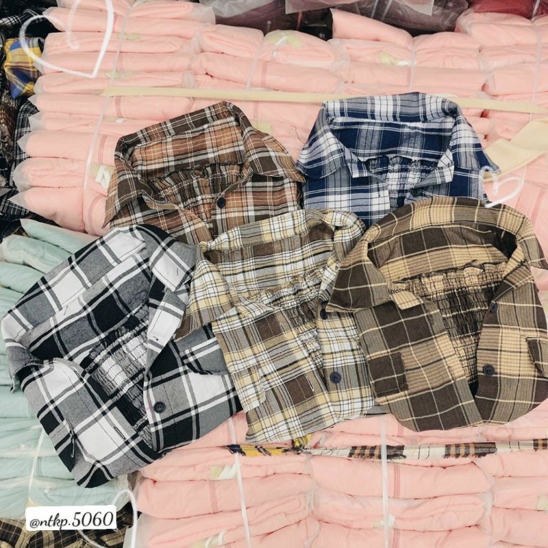 Set 2 áo sơ mi caro lửng kèm ống