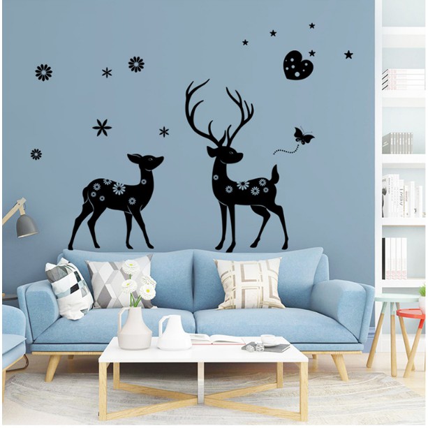 Decal trang trí tường - Cặp Nai Đen Nhí hoa văn xinh xinh