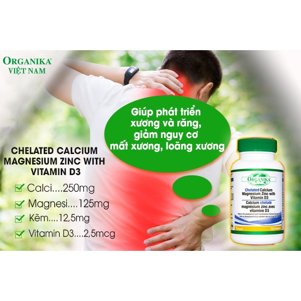 Canxi hữu cơ cho bà bầu, người lớn Organika Calcium Magnesium Zinc D3 lọ 60 viên - tăng chiều cao cho bé