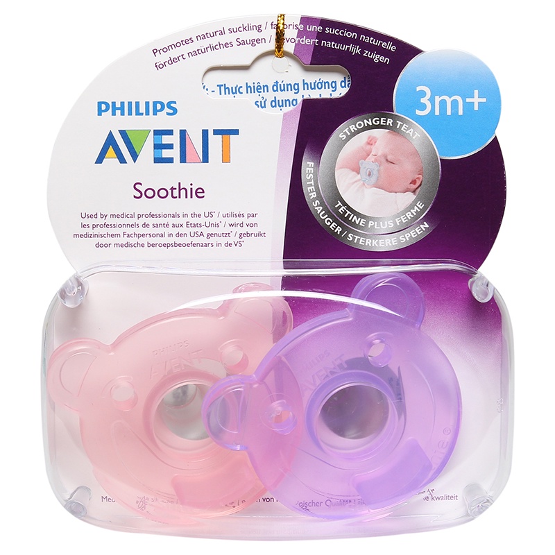 Set 2 Ty Ngậm Chống Vẩu Đầu Tròn Phillips Avent Hình Gấu 3m+ Cho Bé