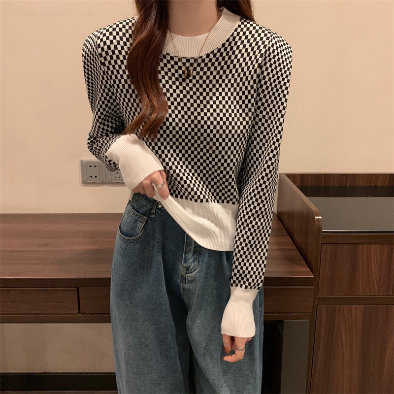 Áo sweater ZHELIHANGFEI dài tay dáng ôm kẻ sọc caro thời trang cho nữ
