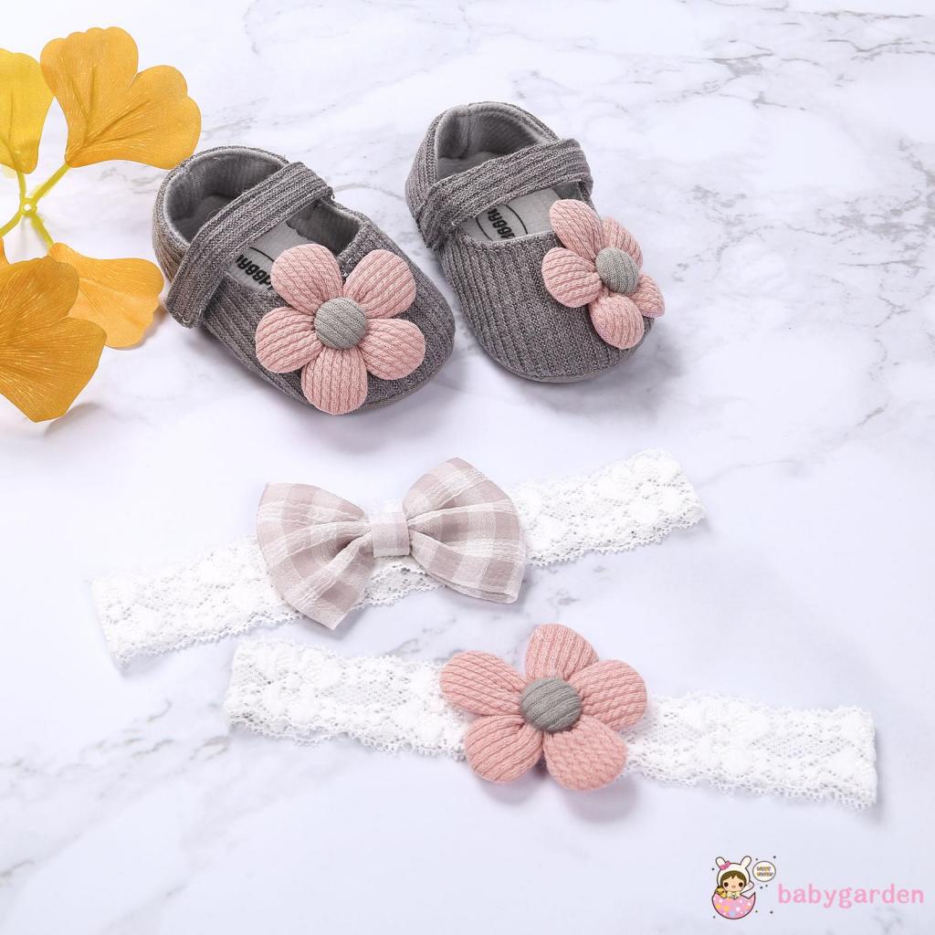 Bộ Giày Và Băng Đô Đế Mềm Họa Tiết Hoa Mary Jane Dành Cho Bé Gái