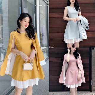 Set bộ nữ áo khoác vest nút tay dài + đầm xoè dập ly