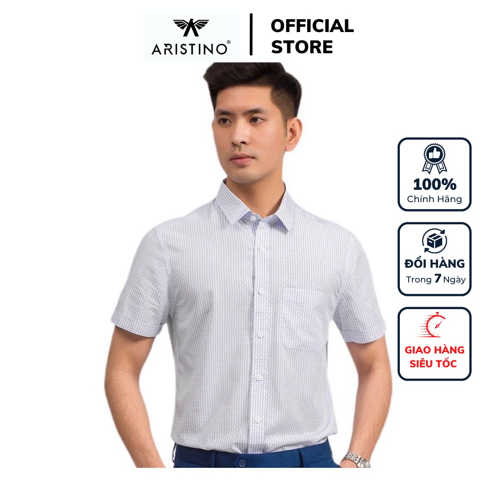 Áo sơ mi nam công sở Aristino tay ngắn màu trắng kẻ ô dáng Slim fit chất sợi tre bền màu sắc nét ASS055S9