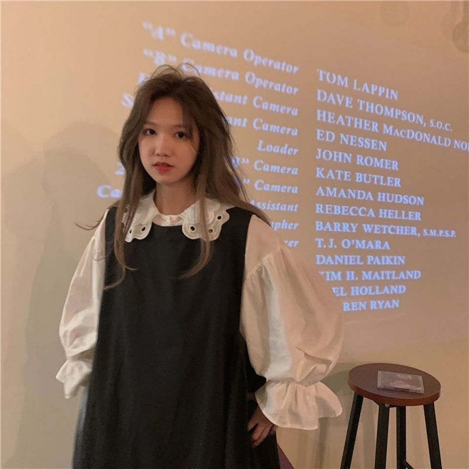 Set đầm không tay dáng rộng + áo sơ mi thời trang Hàn Quốc xinh xắn