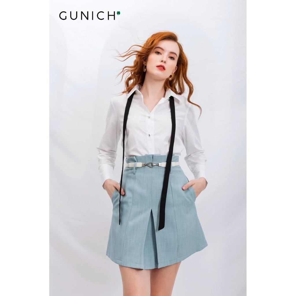 Chân váy mini xanh blue, cạp cao xếp ly, Chất vải đứng form, mềm mịn cao cấp GUNICH