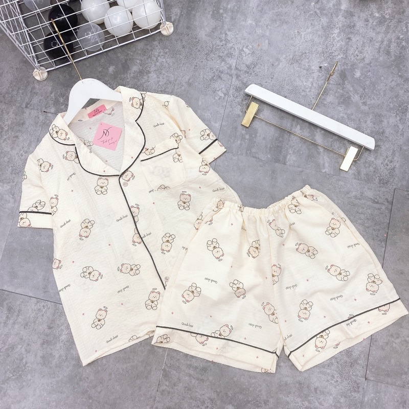 Bộ pijama mặc nhà quần đùi áo cộc hoạ tiết hình xinh, Đồ ngủ nữ xinh hàng Quảng Châu