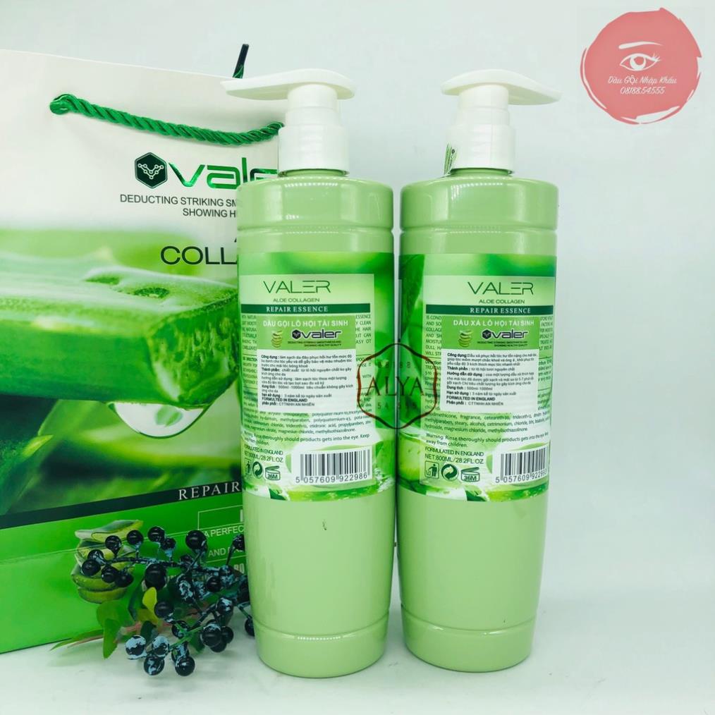 Cặp Dầu Gội Xả Lô Hội Tái Sinh Nha Đam  Valer Collagen Aloe Essence Chính Hãng 800ML
