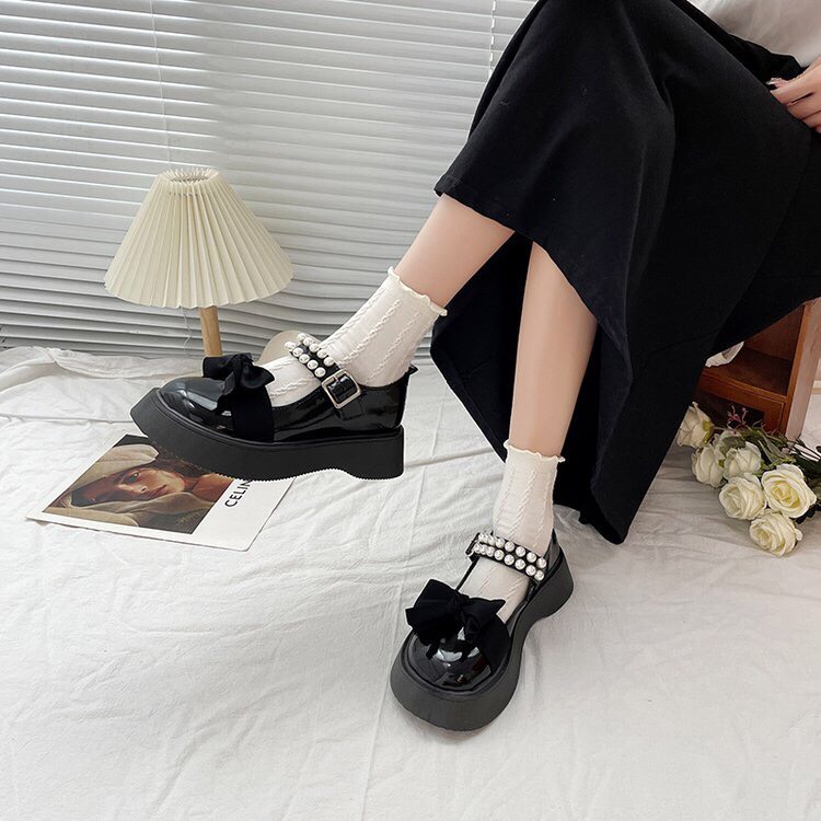 (Tặng tất lolita) Giày lolita, giày nữ ulzzang GẮN NƠ ĐÍNH NGỌC SIU XINH