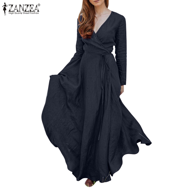 Đầm dáng dài Zanzea tay dài cổ chữ V thời trang quyến rũ cho nữ