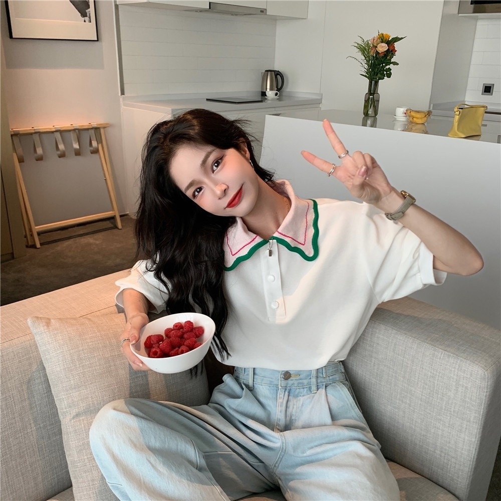 【Hana and Alice】Áo Thun POLO Dệt Kim Tay Ngắn Phong Cách Thời Trang Phương Tây