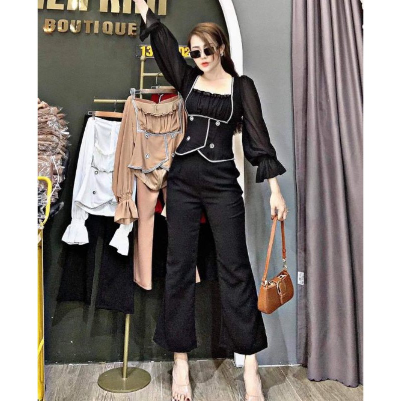 Set bộ tay dài cổ vuông phối viền trắng nút quần ống suông nhỏ bigsize 40-72kg | BigBuy360 - bigbuy360.vn
