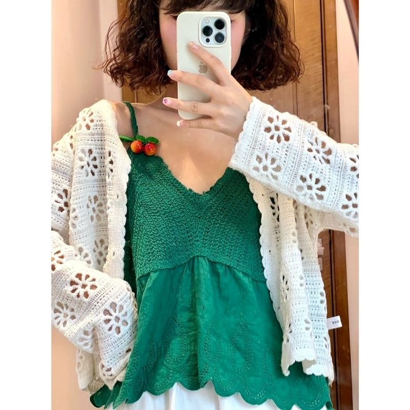 Áo Hai Dây Dệt Kim Họa Tiết Quả Anh Đào Nhỏ Thời Trang Mùa Hè Cho Nữ