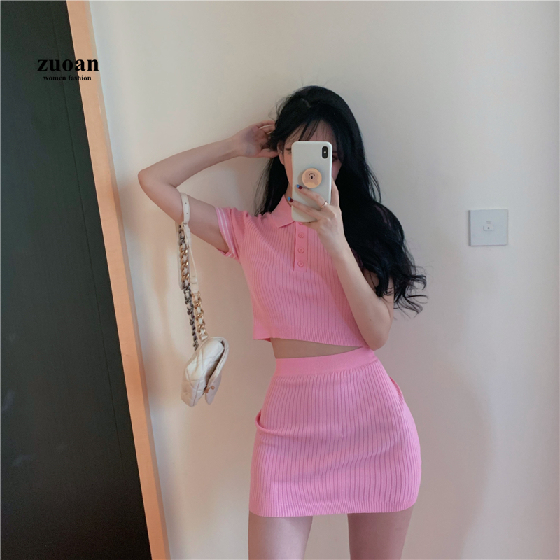 SUXI Bộ Áo Dệt Kim Kẻ Sọc + Chân Váy Lưng Cao Thời Trang Mùa Hè Cho Nữ